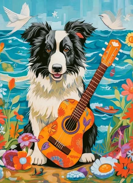 100-brikkers puslespil: Border Collie, guitar og hav