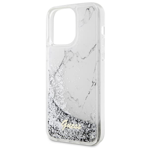 Guess Liquid Glitter Marble Cover til iPhone 14 Pro Max, Hvid