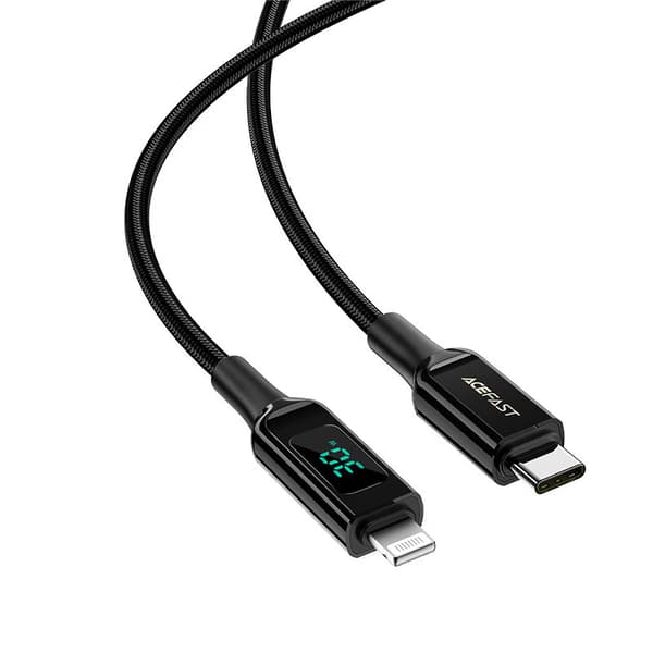 Flettet kabel med LED-skærm til iPhone MFI USB-C - Lightning 1,2m 30W 3A Sort