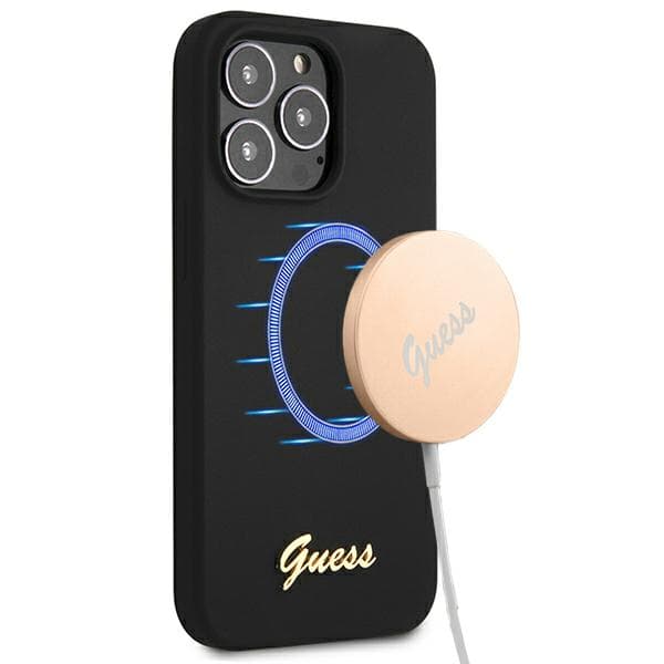 Guess Silikone Script Guld Logo MagSafe-etui til iPhone 13 Pro Max, sort/sort