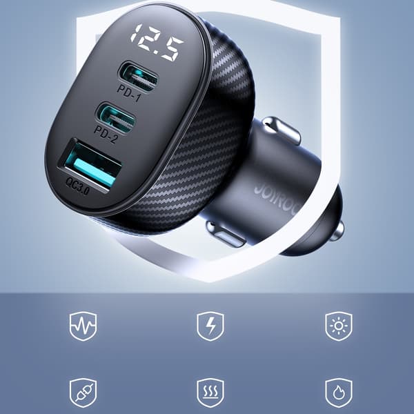 Billaddare med display 2x USB-C USB-A 30W svart