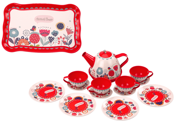 Kaffe- och tekoppar, vattenkokare, brickset, rött, café, 15 delar.