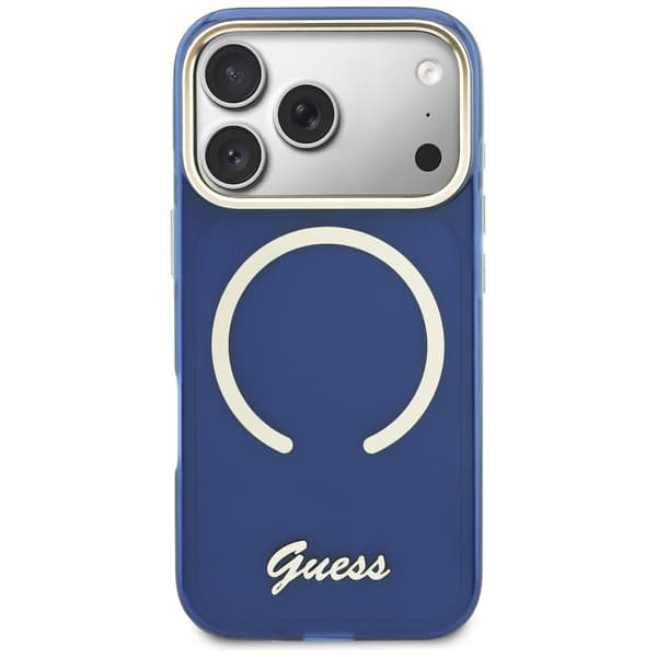 Guess IML Script Metallinen MagSafe-kotelo iPhone 17 Pro Maxille, sininen