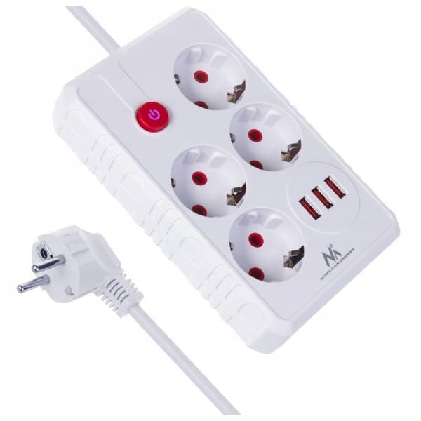 Forlængerledning, 4 stikkontakter, 3xUSB, 3m, MCE393 W