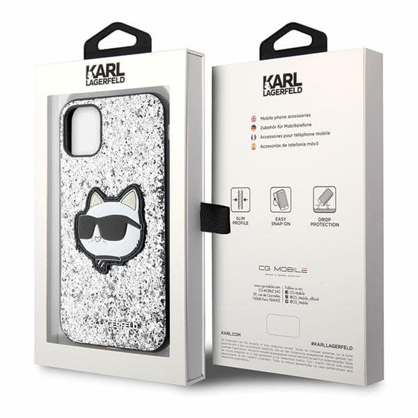 Karl Lagerfeld Glitter Choupette Patch-etui til iPhone 11 / Xr, sølv