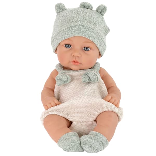 Babydocka, grå outfit, mössa, haklapp, 18 cm