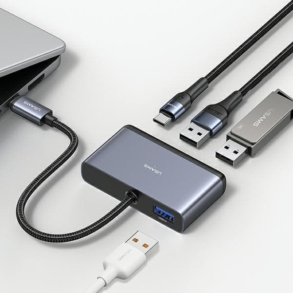 USAMS HUB 4in1 Adapter 2xUSB 2.0/USB 3.0/USB-C Grå
