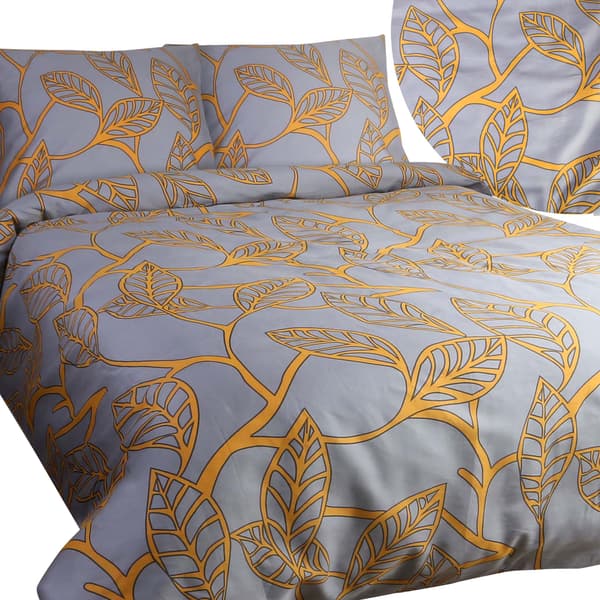 Bomullssängkläder 160x200 satin BOMULL grå med solgula blad