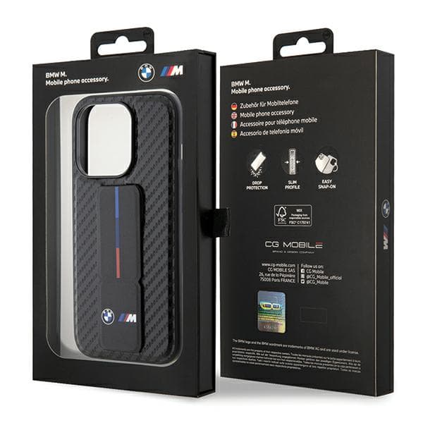 BMW Grip Stand Smooth & Carbon Cover til iPhone 15 Pro, Sort