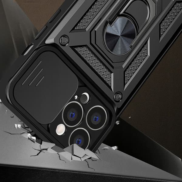 Etui til IPHONE 14 ARMOR SLIDE RING BAGSIDER + GLAS