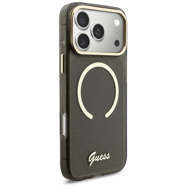 Guess IML Glitters Script Strap MagSafe -kotelo iPhone 17 Pro Maxille, musta