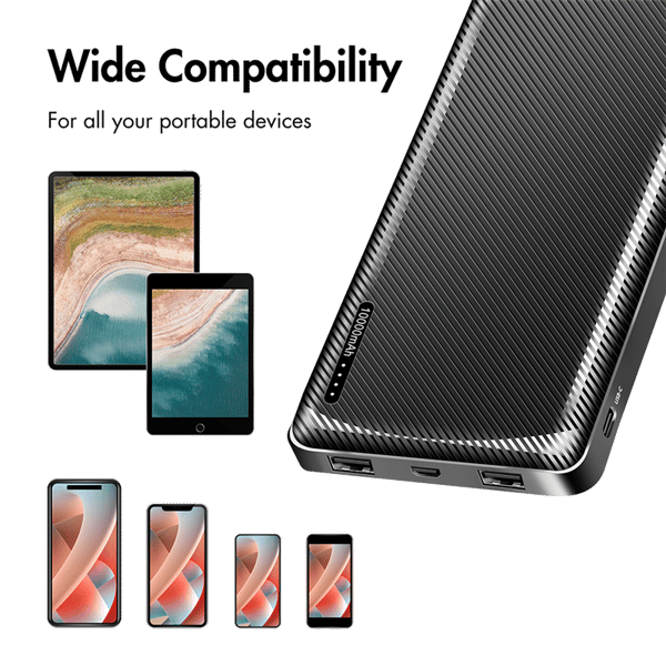 Powerbank 10.000 mAh, 2x USB-A, USB-C, micro-USB, sort - Typhoon