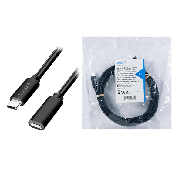 USB-C 2.0 förlängningskabel 1m LogiLink USB Typ-C-kabel 480Mb/sPD 100W Svart
