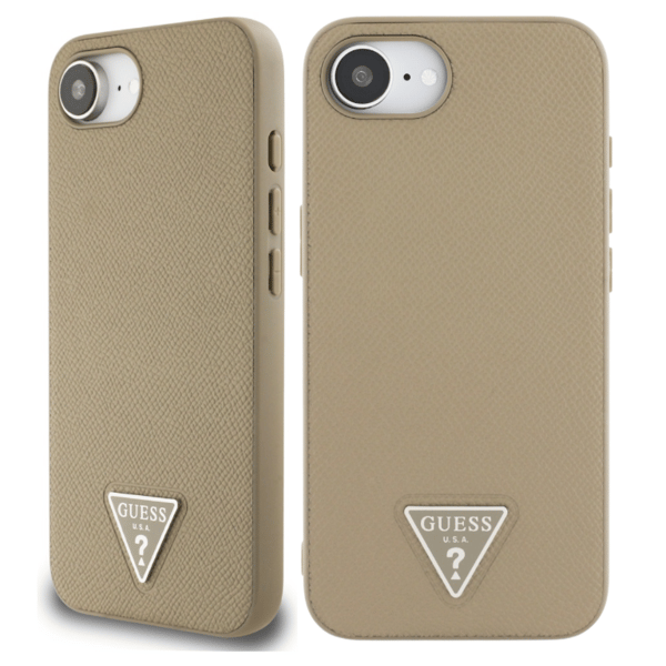 Guess Grained Triangle MagSafe -kotelo iPhone 16e:lle, ruskea