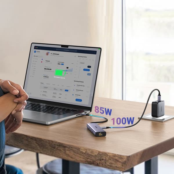 6in1 HUB-sovitin USB-C - 3x USB-A 3.0 / HDMI / RJ45 / USB-C PD - harmaa