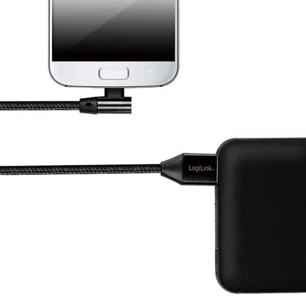 USB 2.0 -kaapeli Androidille, USB-A/M - Micro-USB/M (90°), metalli, musta, 1m