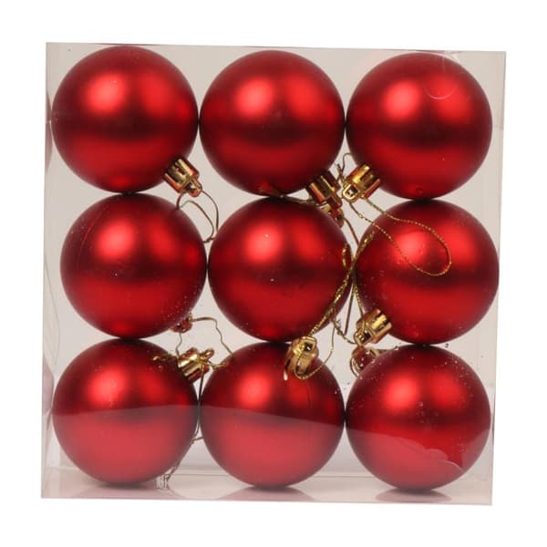 Set med 9 röda plastkulor 6 cm