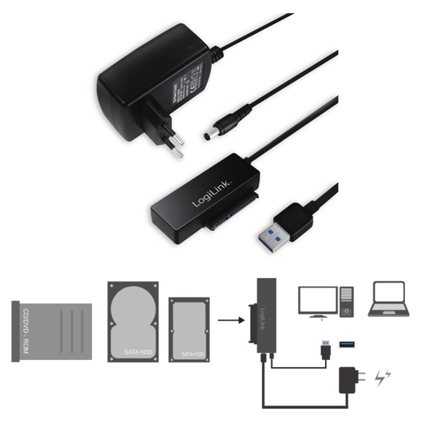 LogiLink 5 Gb/s USB 3.0 til SATA-adapter til harddisk/SSD og cd-drev op til 10 TB
