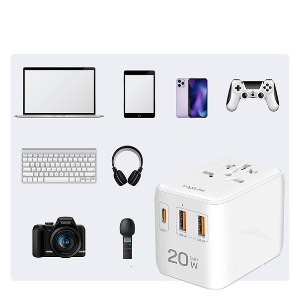LogiLink 20W PD USB-oplader rejseadapter 4 USB-C/A-porte 200 lande
