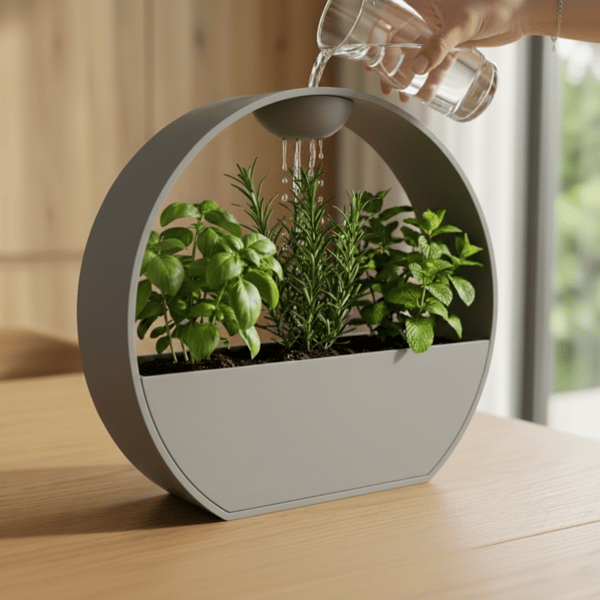 Grå urtepotte med vandingssystem til planter med stenlook