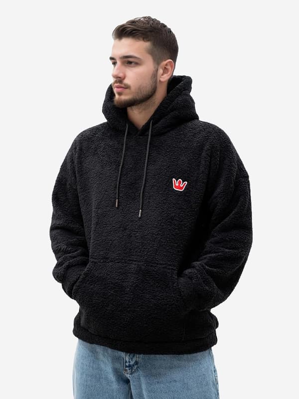Herre Oversize Sort Teddy Simple Crown Sherpa Hættetrøje M