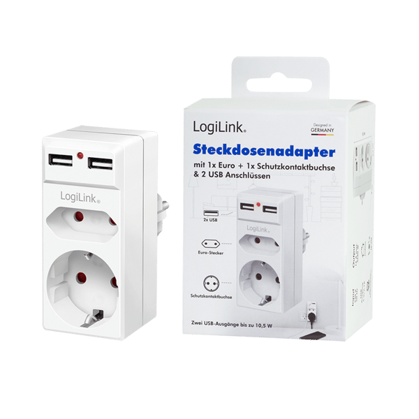 LogiLink elektrisk splitter, 2 uttag, 2xUSB-A laddare, 3680W, vit