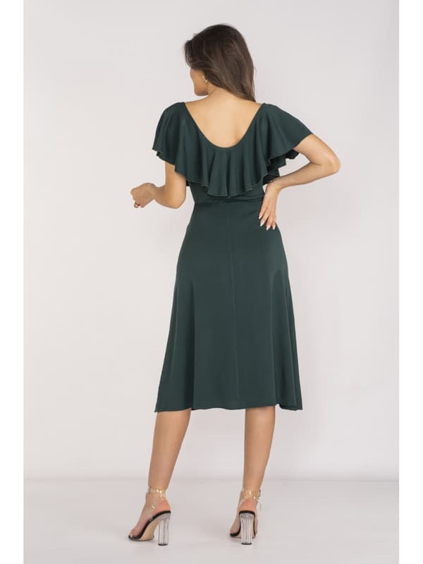 Elegantti V-aukkoinen viskoosimidimekko, pullonvihreä S