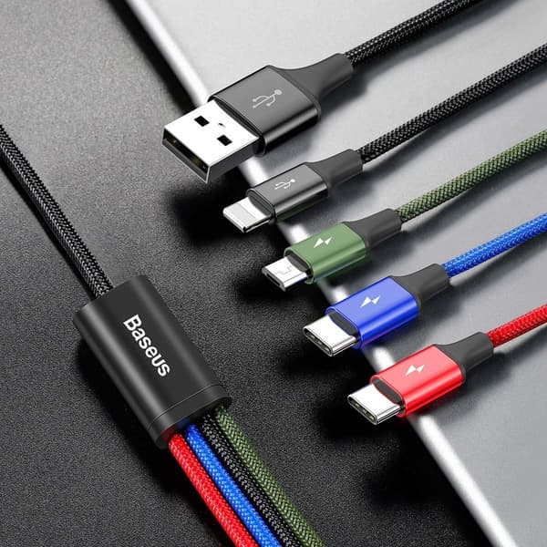 4-i-1 USB-kabel iPhone Lightning 2 x USB-C microUSB Nylonflettet 3,5A 1,2m Sort