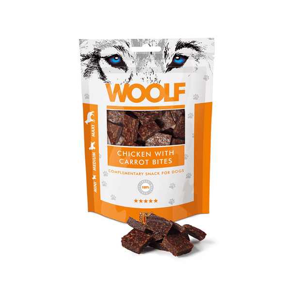 Woolf Bites Kylling Gulerod Hundegodbidder Mini Medium Maxi Breed 100g