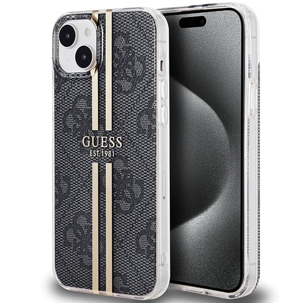 Guess IML 4G Guldstribet cover til iPhone 15 Plus, sort