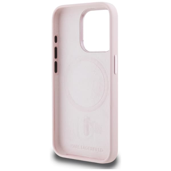 Karl Lagerfeld Silicone Shadow Metal Initial MagSafe -kotelo iPhone 15 Prolle, pinkki