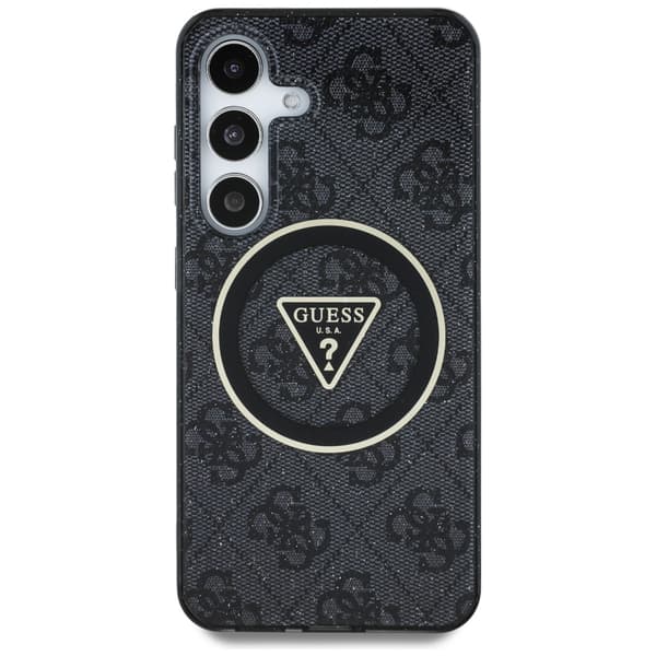 Guess 4G Glitter Triangle Buttons MagSafe-etui til Galaxy S25+ Plus, sort