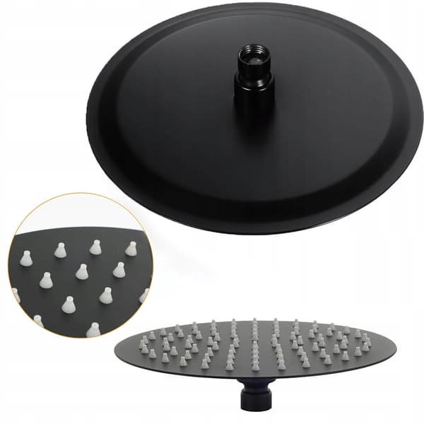Duschmunstykke i stål, tyndt, rundt, 25 cm, smalt, sort