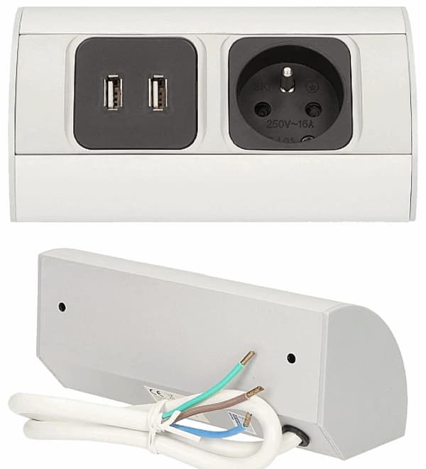 Enkelt møbelstikdåse til bordplade med jordforbindelse 2xUSB sølv