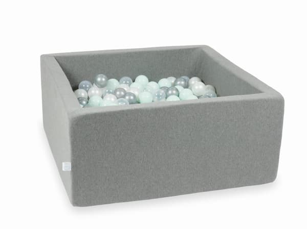 Tør pool grå 90x90x40 med 400 bolde: transparent, perlemor, sølv, lys mint