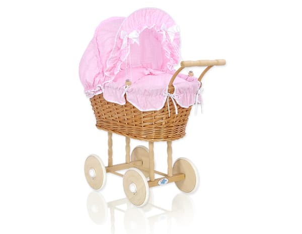 Hög rottingdockvagn med rosa sängkläder och foder NATALIA naturfärgad