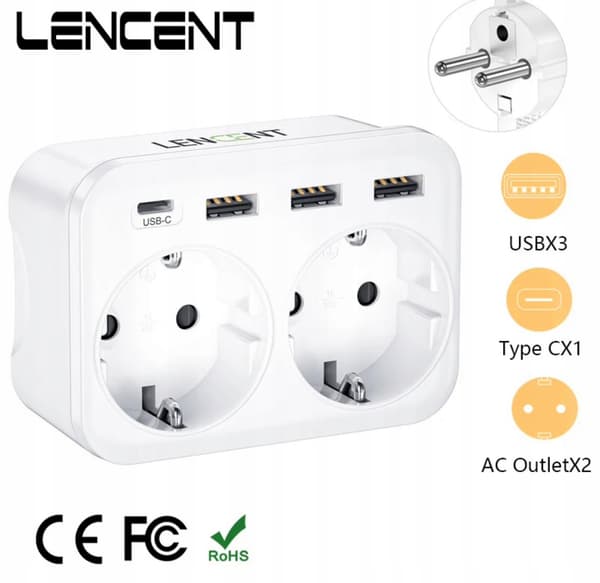 6-indgangsstik (4 USB-opladere), hvid Lencent-strømskinne
