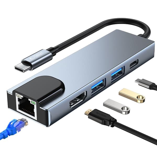 5-i-1 HUB USB-C til USB-C USB-A HDMI RJ45 Splitter - Grå