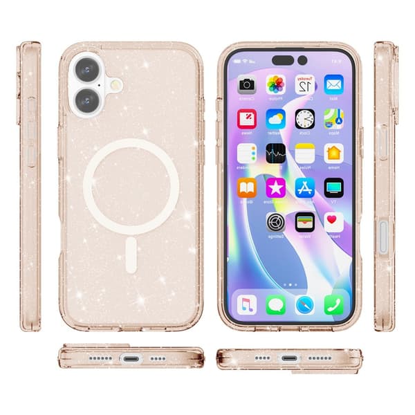 iPhone 17 cover, MagSafe-resistent, glitter, gennemsigtig guld