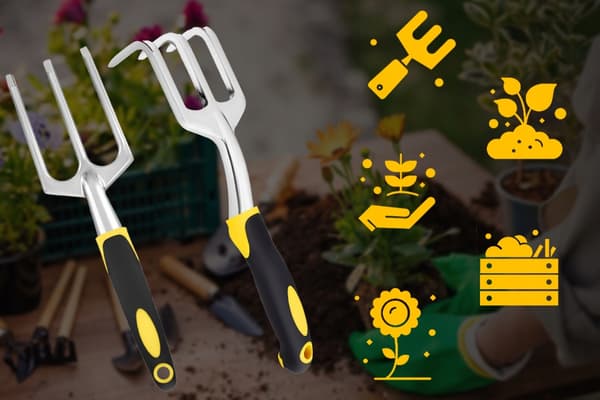 Trädgårdsredskapsset spade, ogräsklippare, sekatör, klor, gaffel och hacka