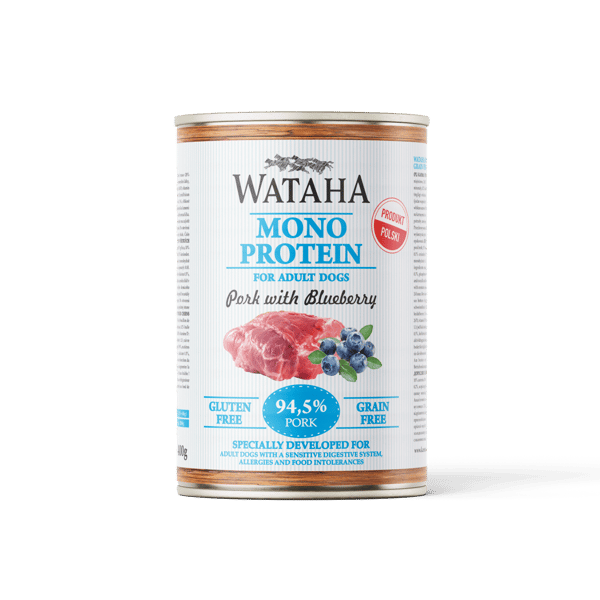 WATAHA MONOPROTEINFÖR VUXEN HUND 94,5 % FLÄSKKÖTT MED BLÅBÄR 400 G