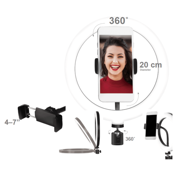 LogiLink LED-ringlampe til smartphone med 360° kuglehovedholder