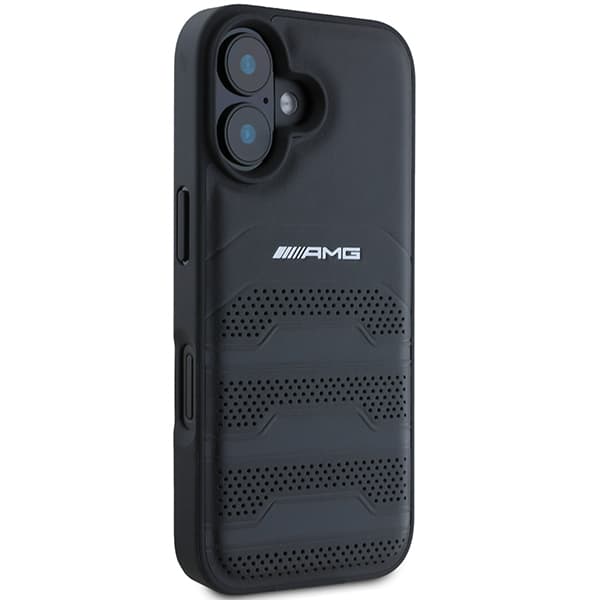 AMG lædercover med prægede linjer og sort logo til iPhone 16, sort