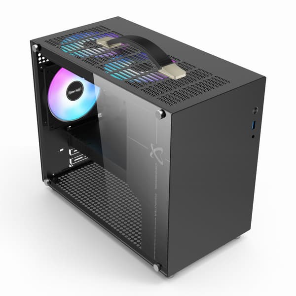 Micro ATX-datorchassi, bärbart chassi, RGB-fläktar, glas, svart. Modell PV100-chassi