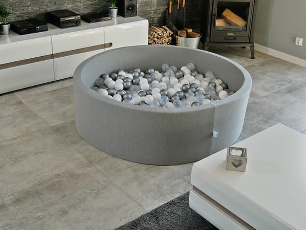 Torr pool 110x30cm grå med 400 bollar: vit, pärlfärgad, puderrosa