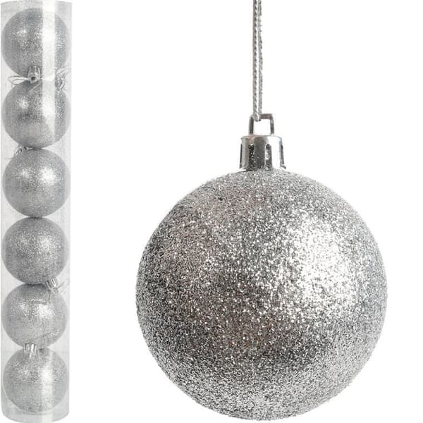 SET MED 6 PLASTGLITTERBOLLAR 6 CM SILVER