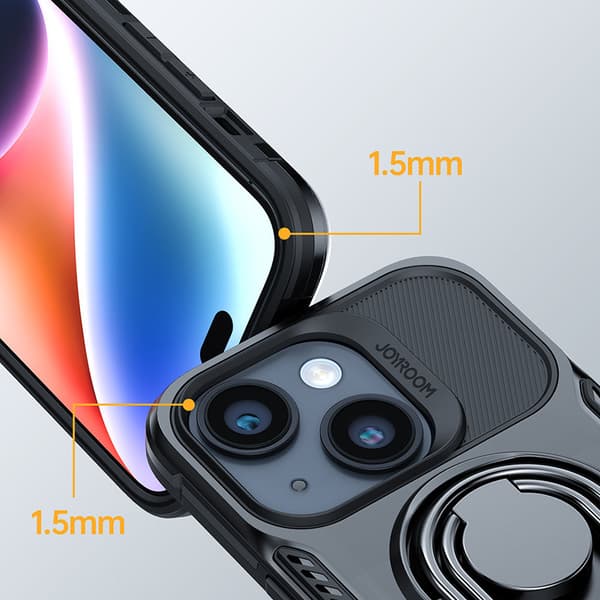 Etui til iPhone 14 Plus, pansret cover med stativ og ringholder, sort