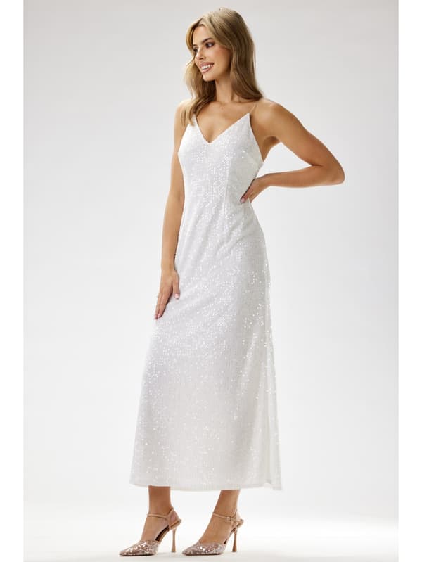 Paillette maxi aftenkjole med stropper, ecru S