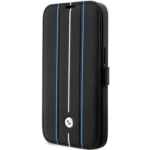 BMW Læder Flip-etui med Stamp og Blå Linjer til iPhone 14 Pro, Sort
