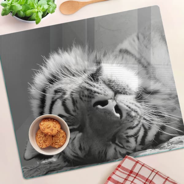 Dekorativt serveringsbræt i glas til snacks, sovende tiger, 60x52 cm